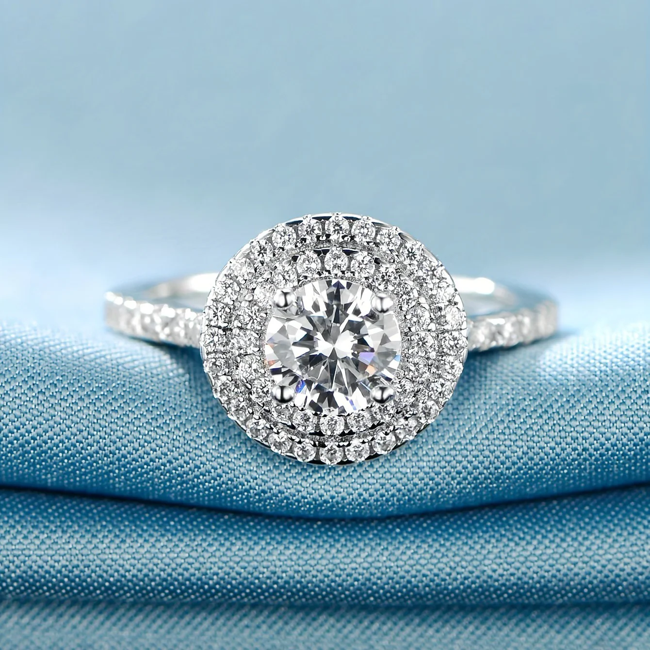 925 Sterling Silver Women's Round Halo Ring with Accent Band — main product photograph