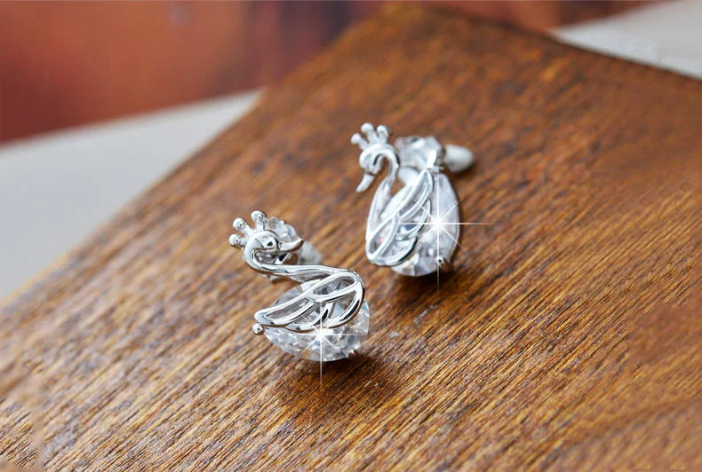 925 Sterling Silver Swan Stud Earrings with Clear Accents — additional product view