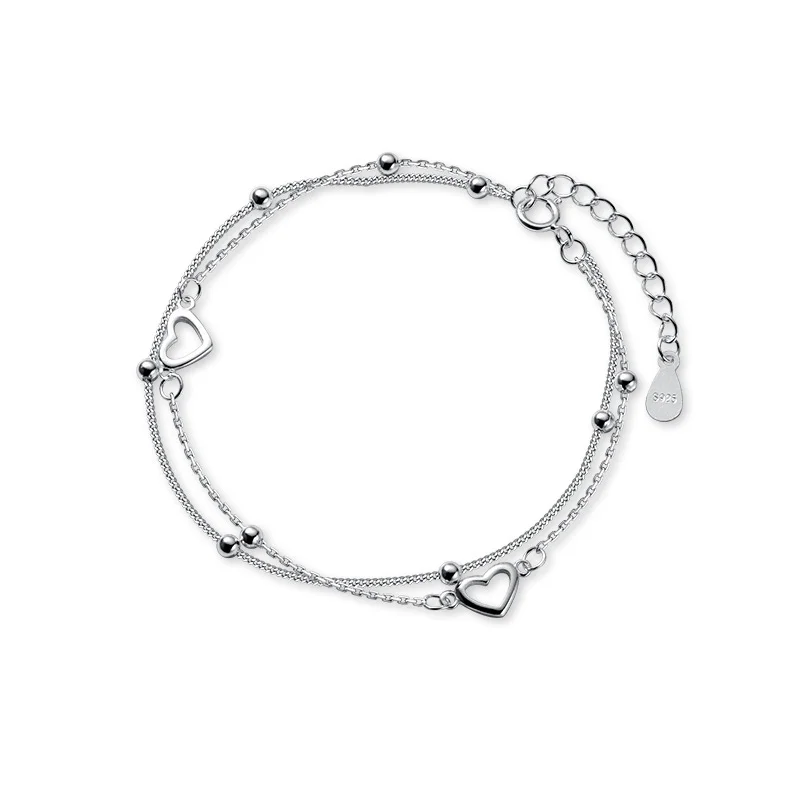 925 Sterling Silver Double-Chain Bracelet with Open Heart Links — main product photograph