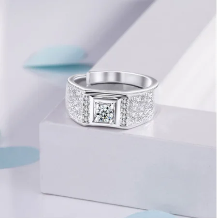 925 Silver-Filled Adjustable Ring – Square Frame and Textured Shoulders — main product photograph